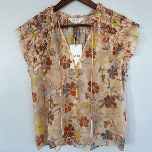 JOIE Daisy Print Tie Neck Silk Blouse
